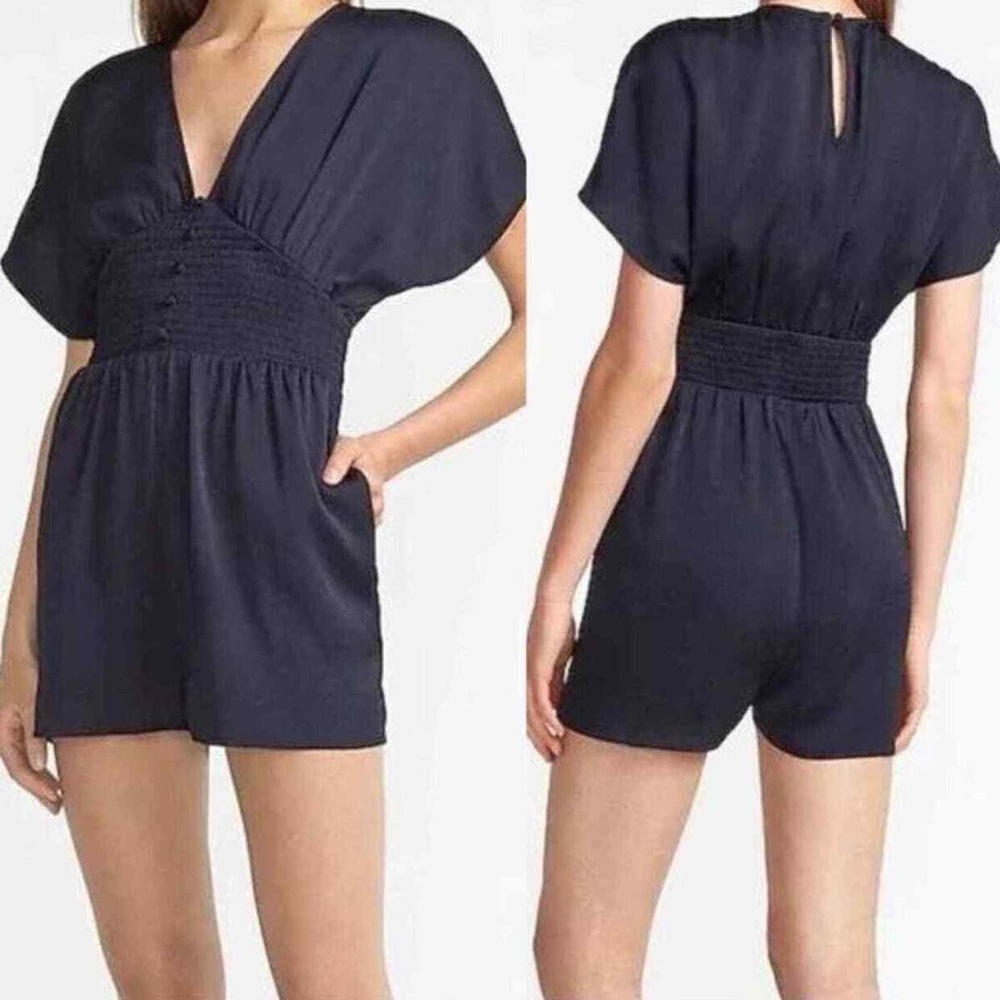 Express Women S Navy Blue Satin V-Neck Smocked Waist Kimono Romper NWT